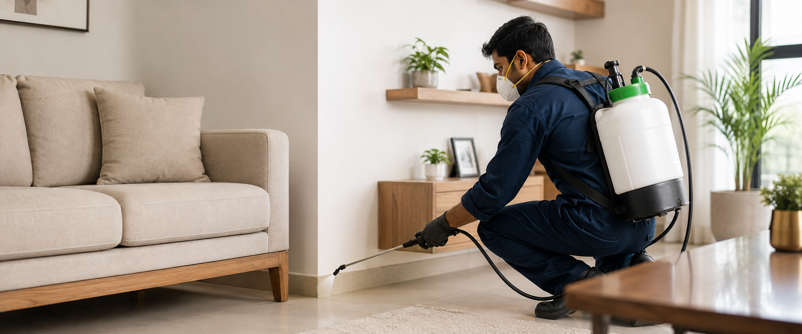 Pestoo technician applying pest control spray inside Bangalore apartment